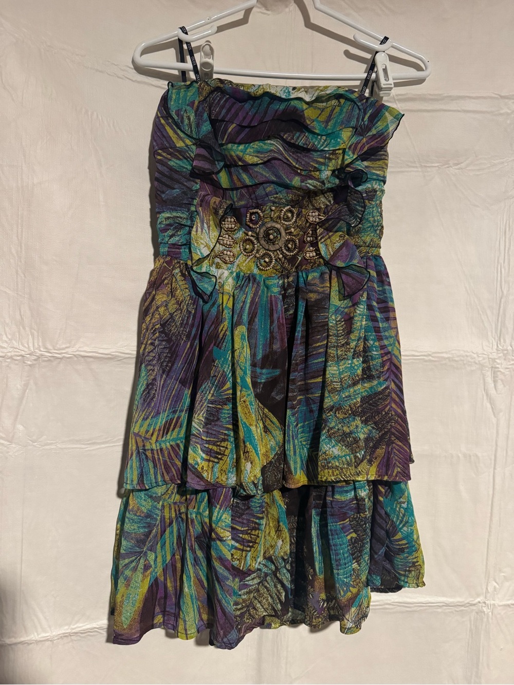 XOXO Y2K Strapless Tropical Print Beaded Tiered Mini Dress Size 13/14